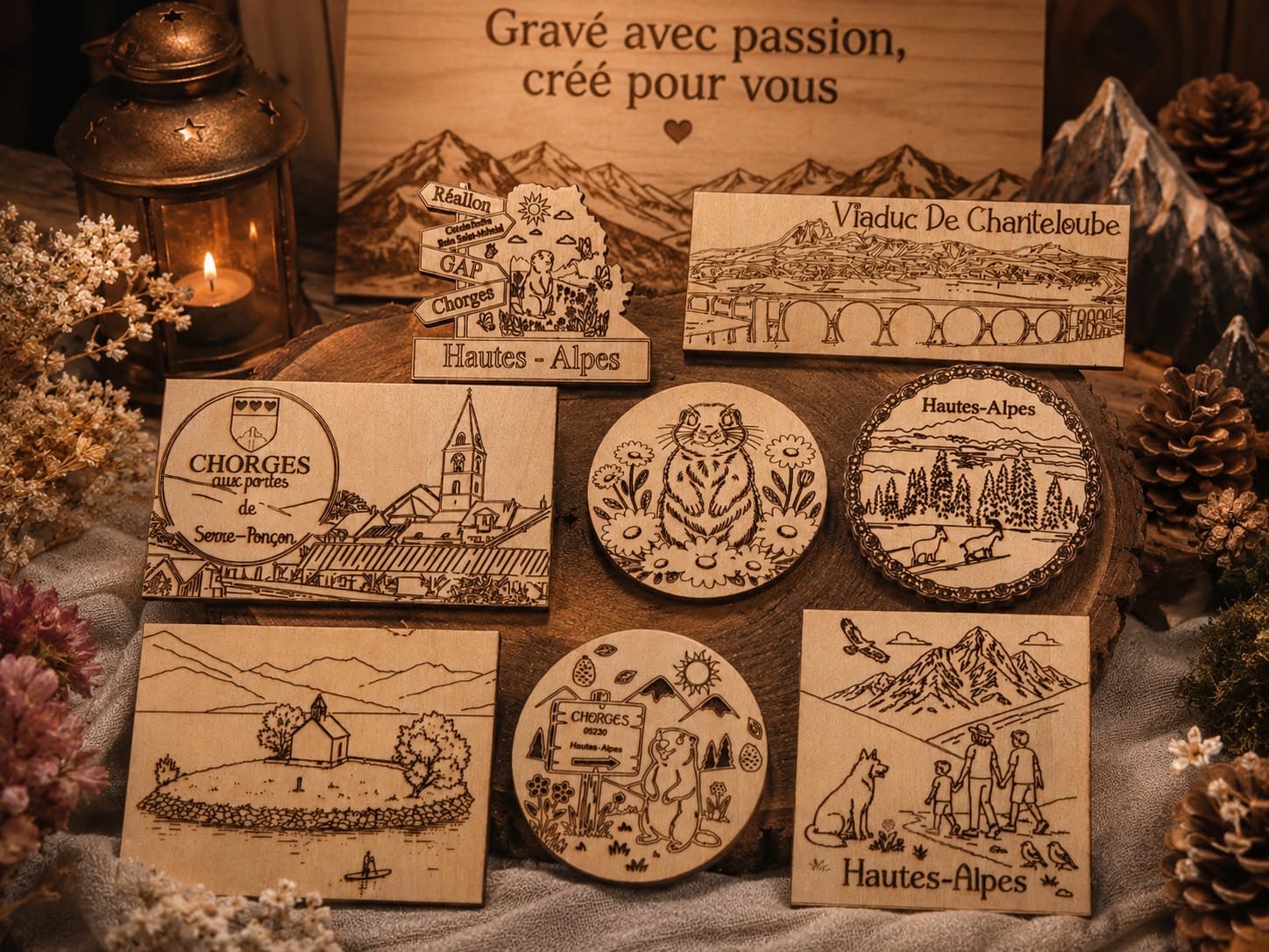 Assortiment de plaques et médaillons en bois gravés de paysages des Hautes-Alpes