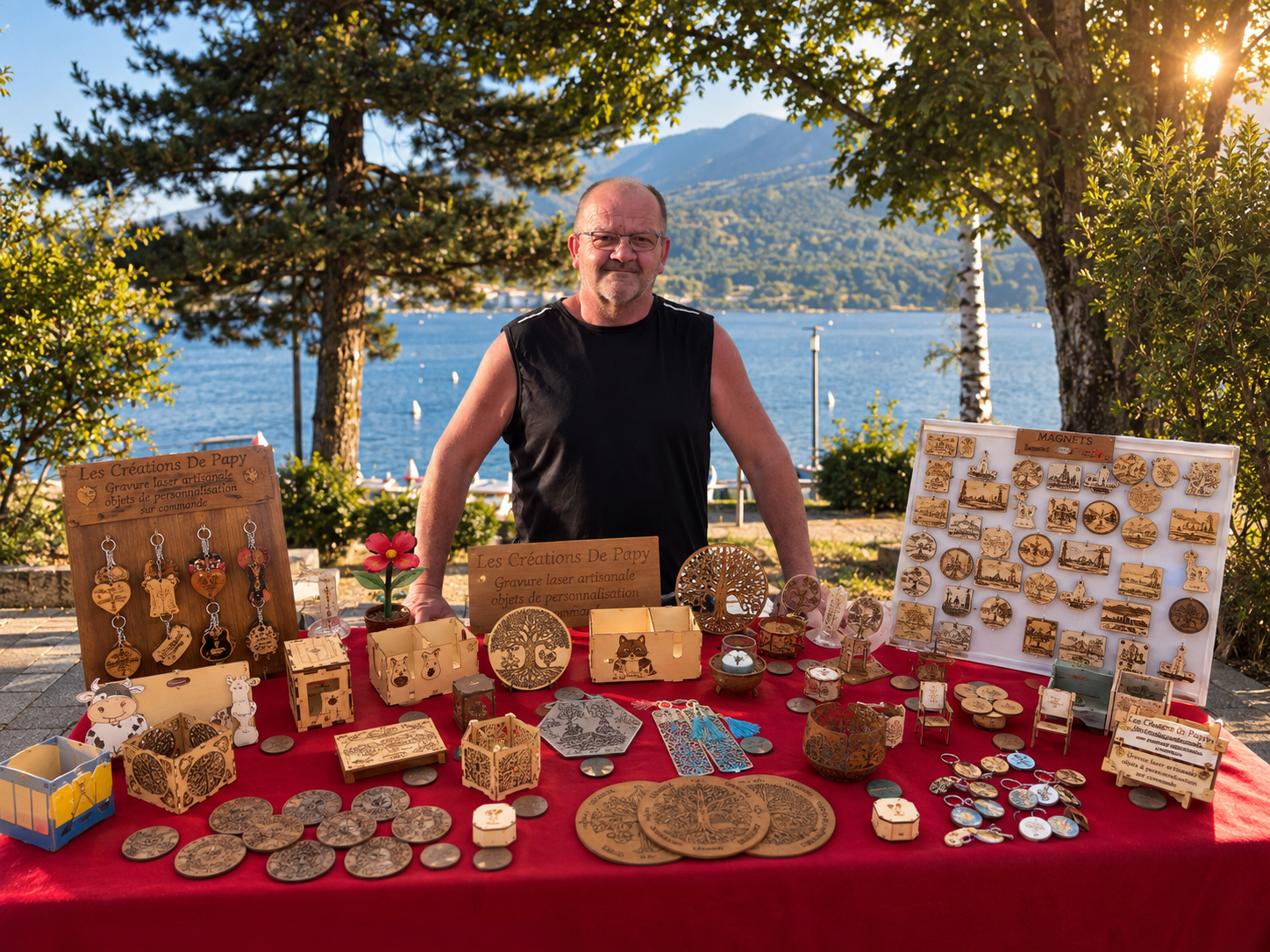 Christophe des Créations de Papy derrière son stand de gravures sur bois au bord du lac