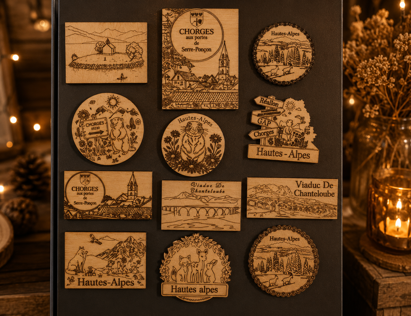 Collection de magnets en bois gravés aux motifs des Hautes-Alpes : Chorges, viaduc de Chanteloube, paysages et animaux