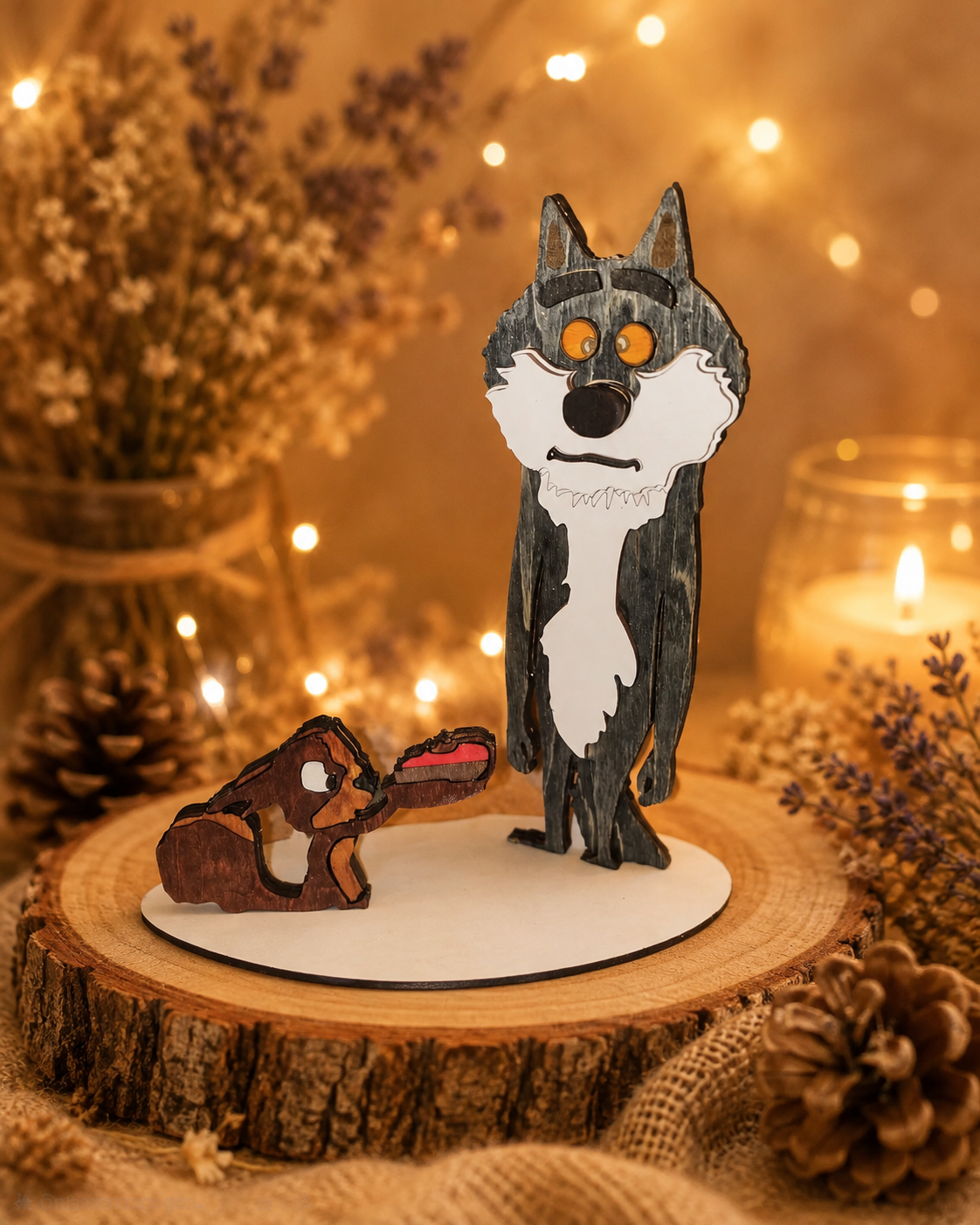 Scène en bois découpé inspirée du loup de la pub Intermarché : un loup gris debout et un petit renard agenouillé