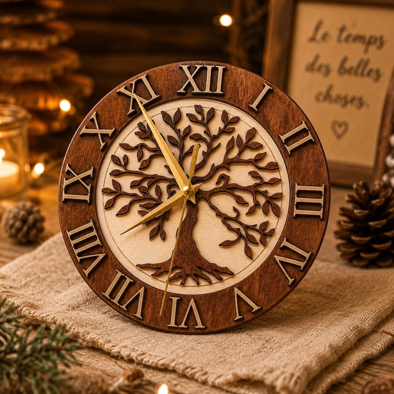 Horloge murale en bois gravée d'un arbre de vie avec chiffres romains